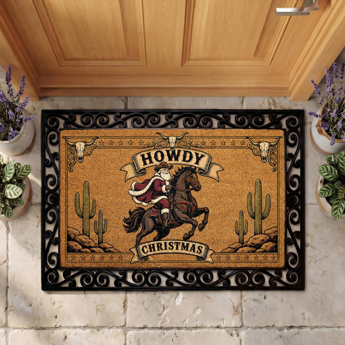 Western Cowboy Santa Christmas Doormat, Desert Holiday Porch Decor