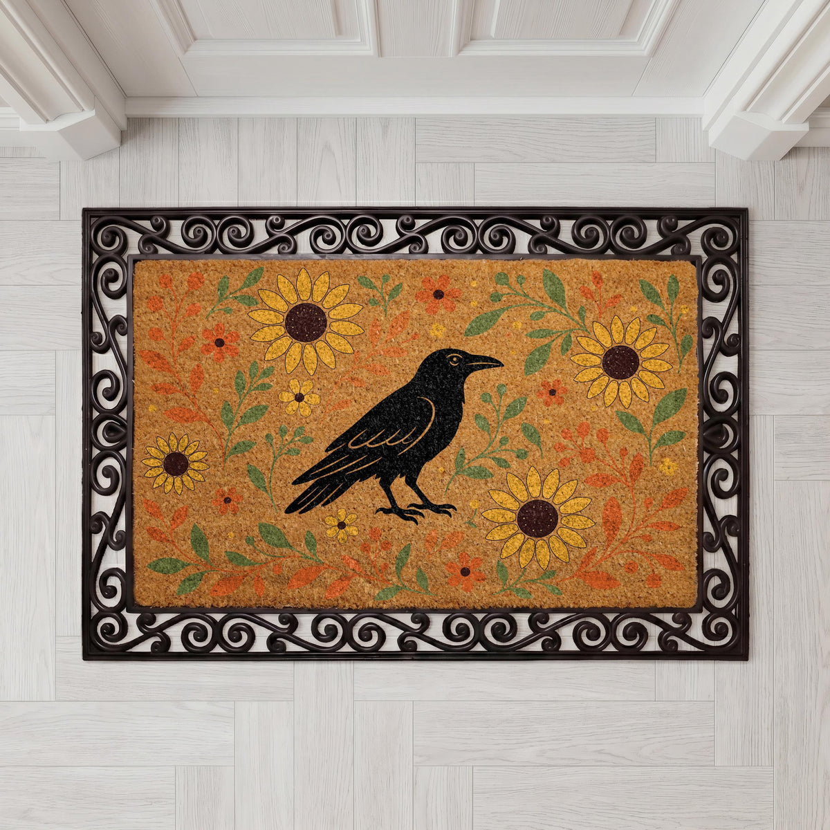 Sunflowers Raven Doormat, Boho Fall Gothic Entryway Decoration, Rustic Farmhouse Welcome Mat
