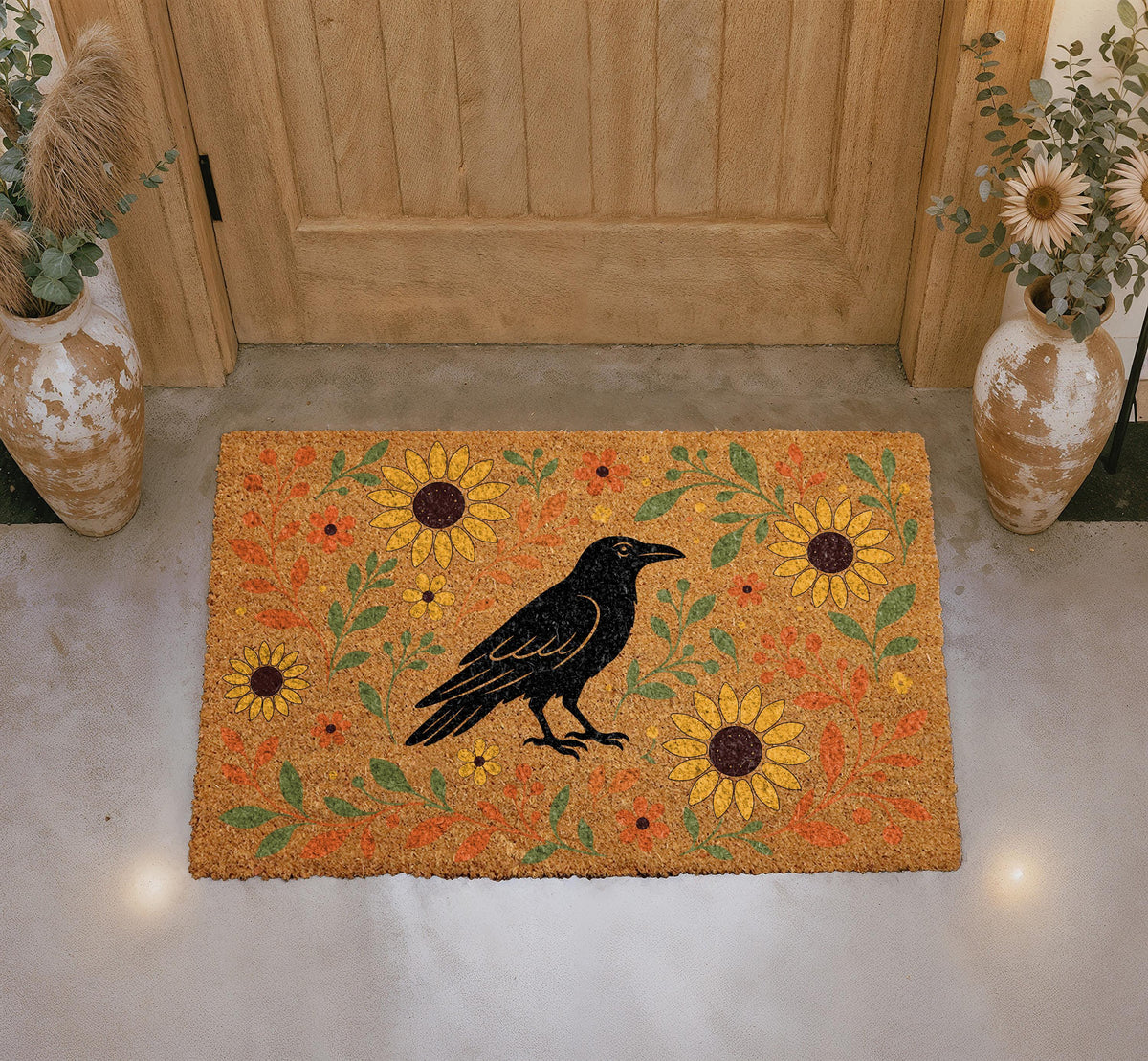 Sunflowers Raven Doormat, Boho Fall Gothic Entryway Decoration, Rustic Farmhouse Welcome Mat
