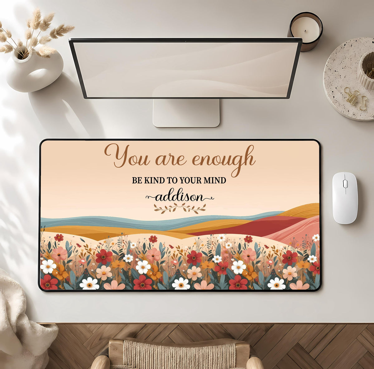 Personalized You Are Enough Be Kind to Your Mind Desk Mat, Custom Floral Boho Mouse Pad