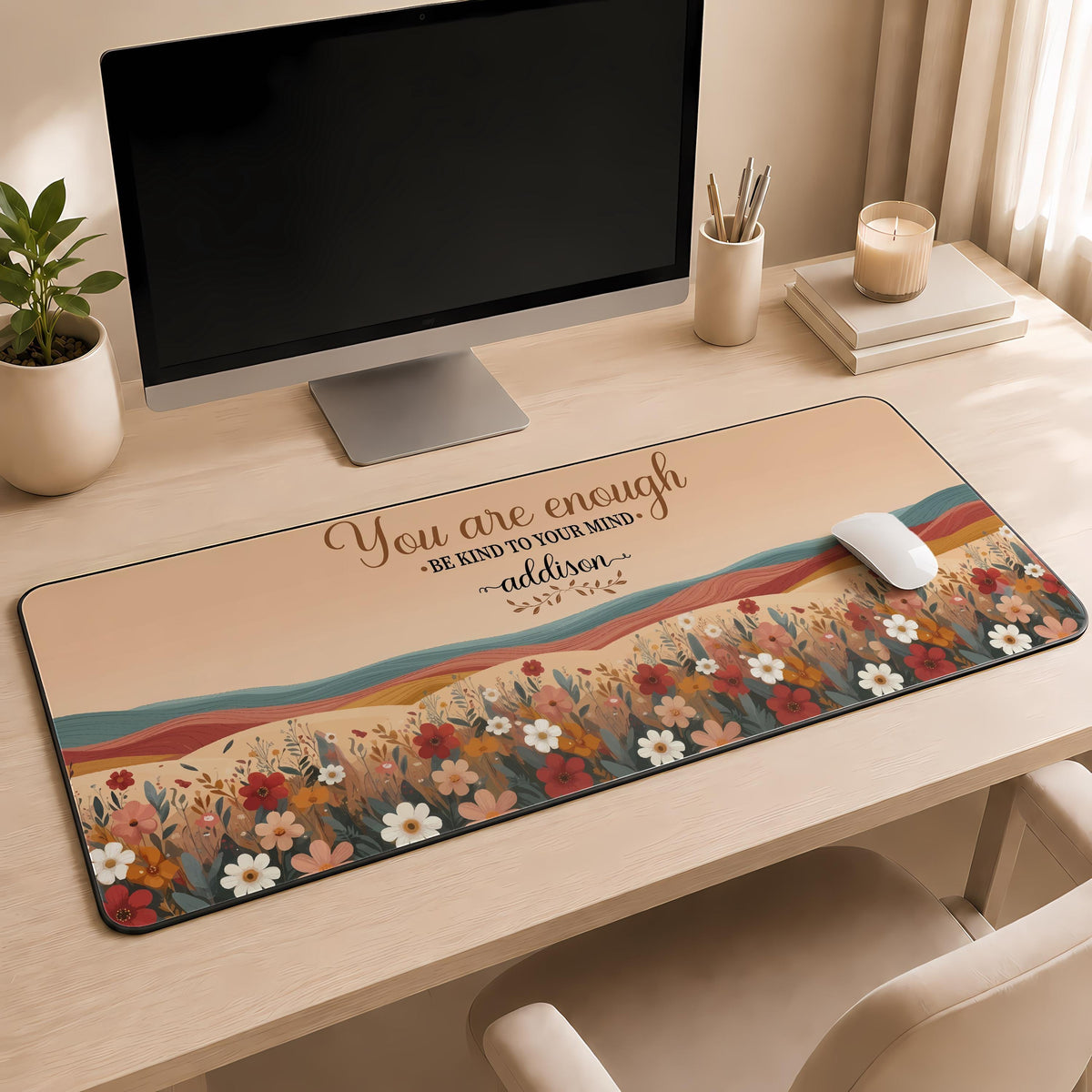 Personalized You Are Enough Be Kind to Your Mind Desk Mat, Custom Floral Boho Mouse Pad