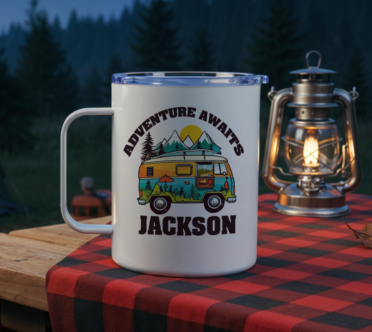Personalized Camping Mug, Custom Camper Van Coffee Cup, Adventure Awaits Campfire Mug