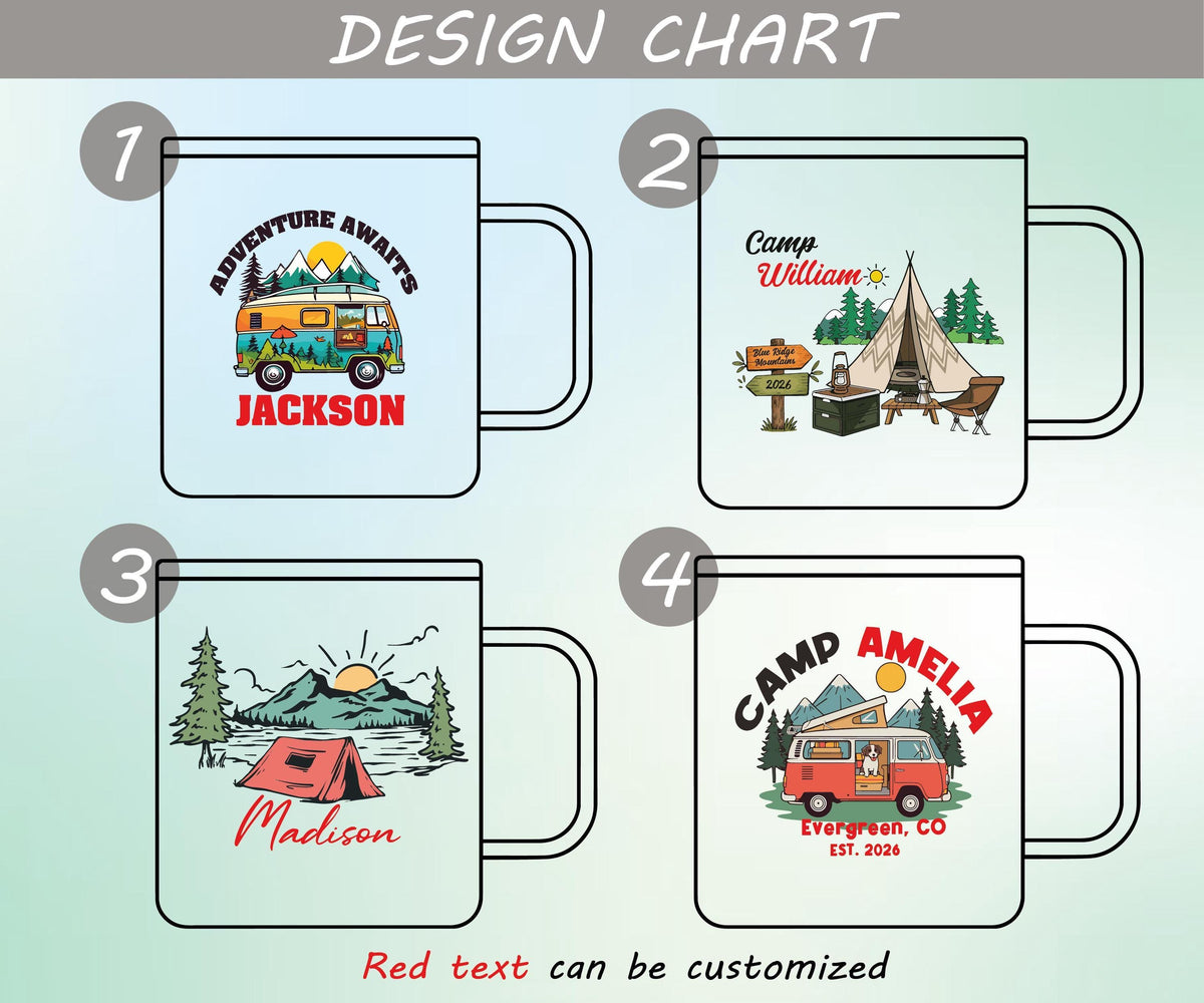 Personalized Camping Mug, Custom Camper Van Coffee Cup, Adventure Awaits Campfire Mug