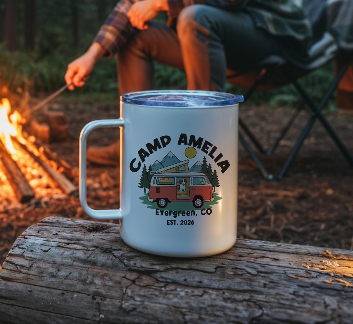 Personalized Camping Mug, Custom Camper Van Coffee Cup, Adventure Awaits Campfire Mug