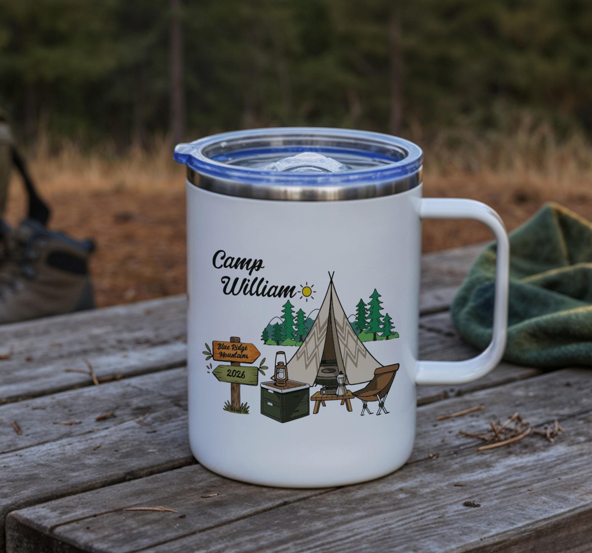 Personalized Camping Mug, Custom Camper Van Coffee Cup, Adventure Awaits Campfire Mug