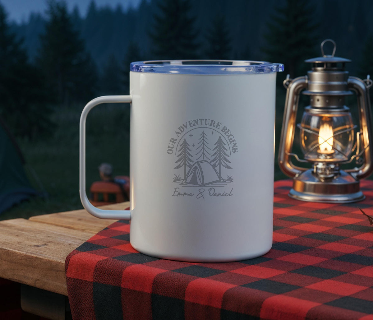 Personalized Couples Camping Mug, Custom Adventure Begins Coffee Cup