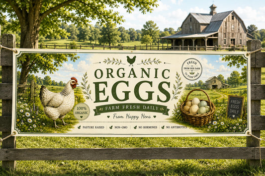 Organic Farm Fresh Eggs Banner, Farm Stand Sign, Happy Hens Decor