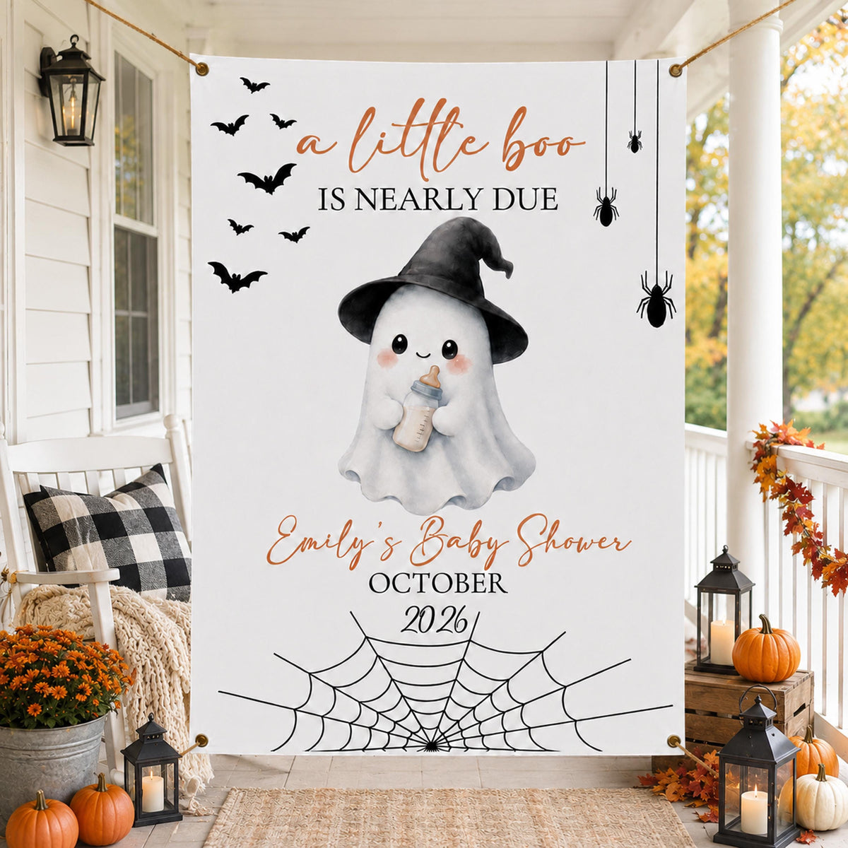 A Little Boo Is Nearly Due Halloween Baby Shower Banner, Spooky Ghost Backdrop