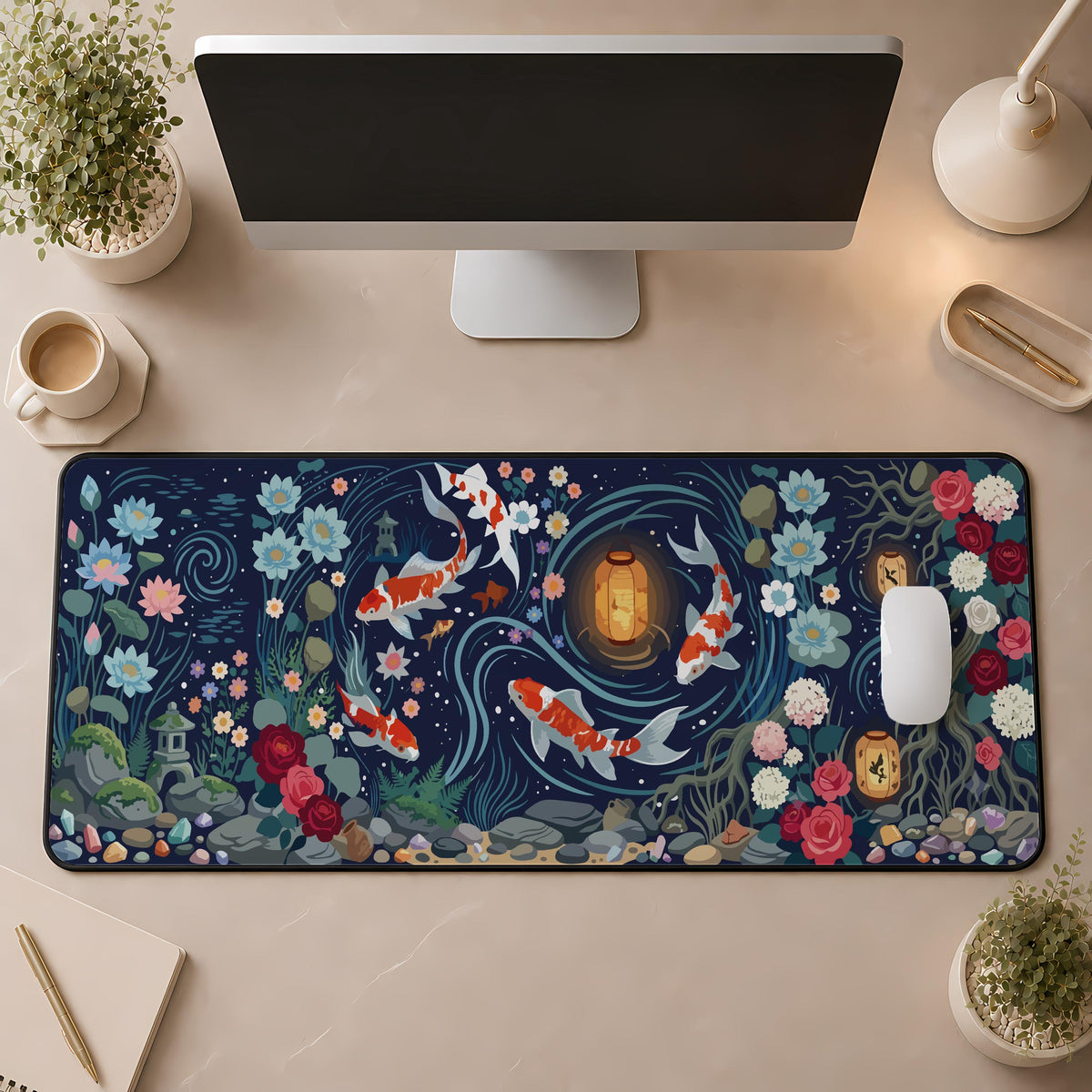 Japanese Koi Fish Desk Mat, Zen Workspace Decor, Asian Art Gaming Mouse Pad