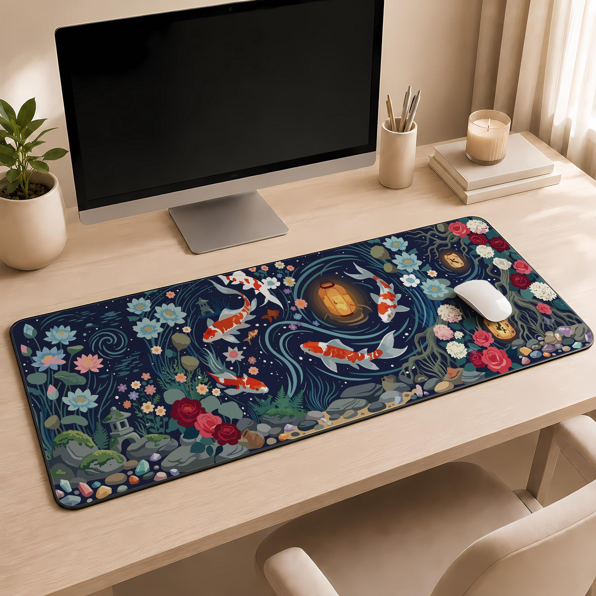 Japanese Koi Fish Desk Mat, Zen Workspace Decor, Asian Art Gaming Mouse Pad