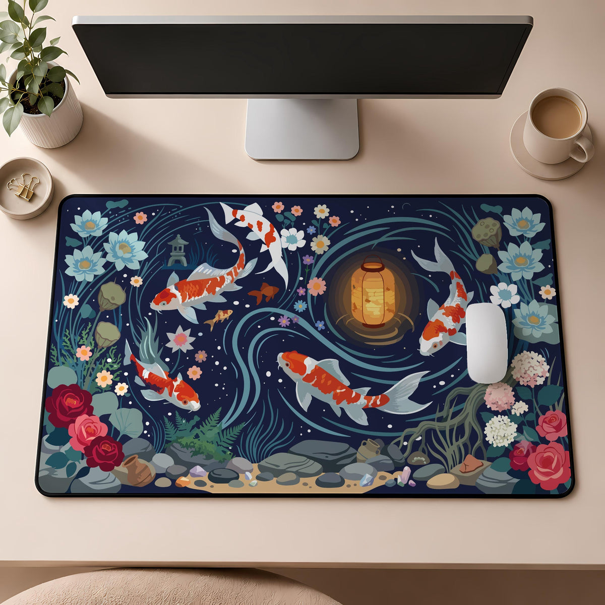 Japanese Koi Fish Desk Mat, Zen Workspace Decor, Asian Art Gaming Mouse Pad