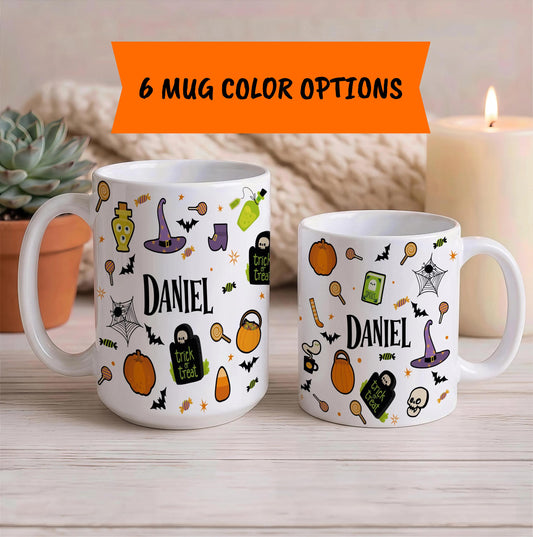 Custom Name Halloween Mug, Spooky Pumpkin Spice Latte Cup, Trick or Treat Gift