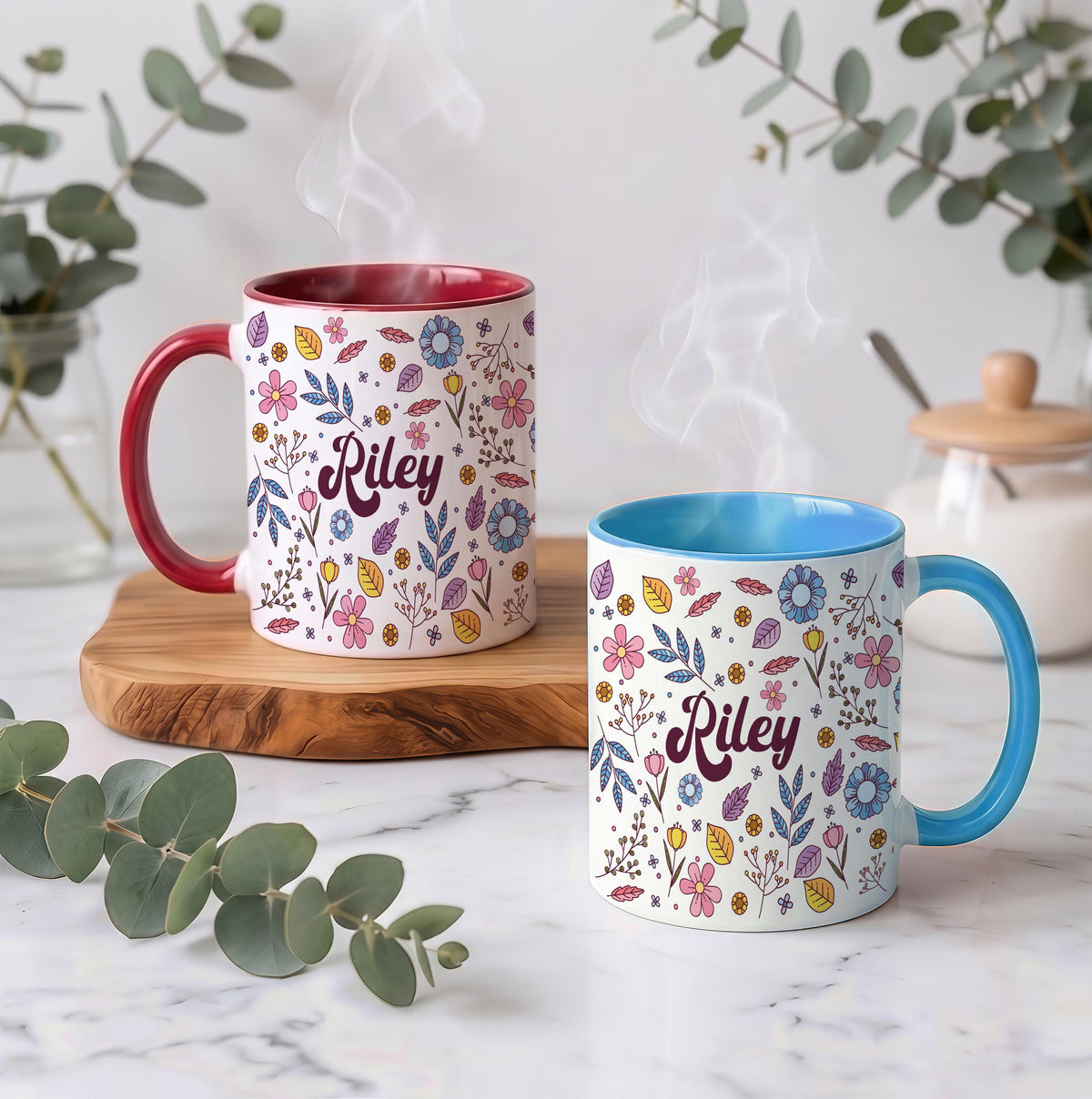 Custom Name Floral Coffee Mug, Groovy Font Botanical Ceramic Tea Cup, Boho Drinkware
