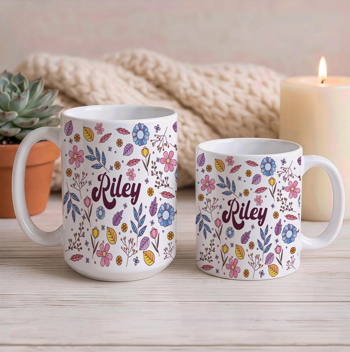 Custom Name Floral Coffee Mug, Groovy Font Botanical Ceramic Tea Cup, Boho Drinkware