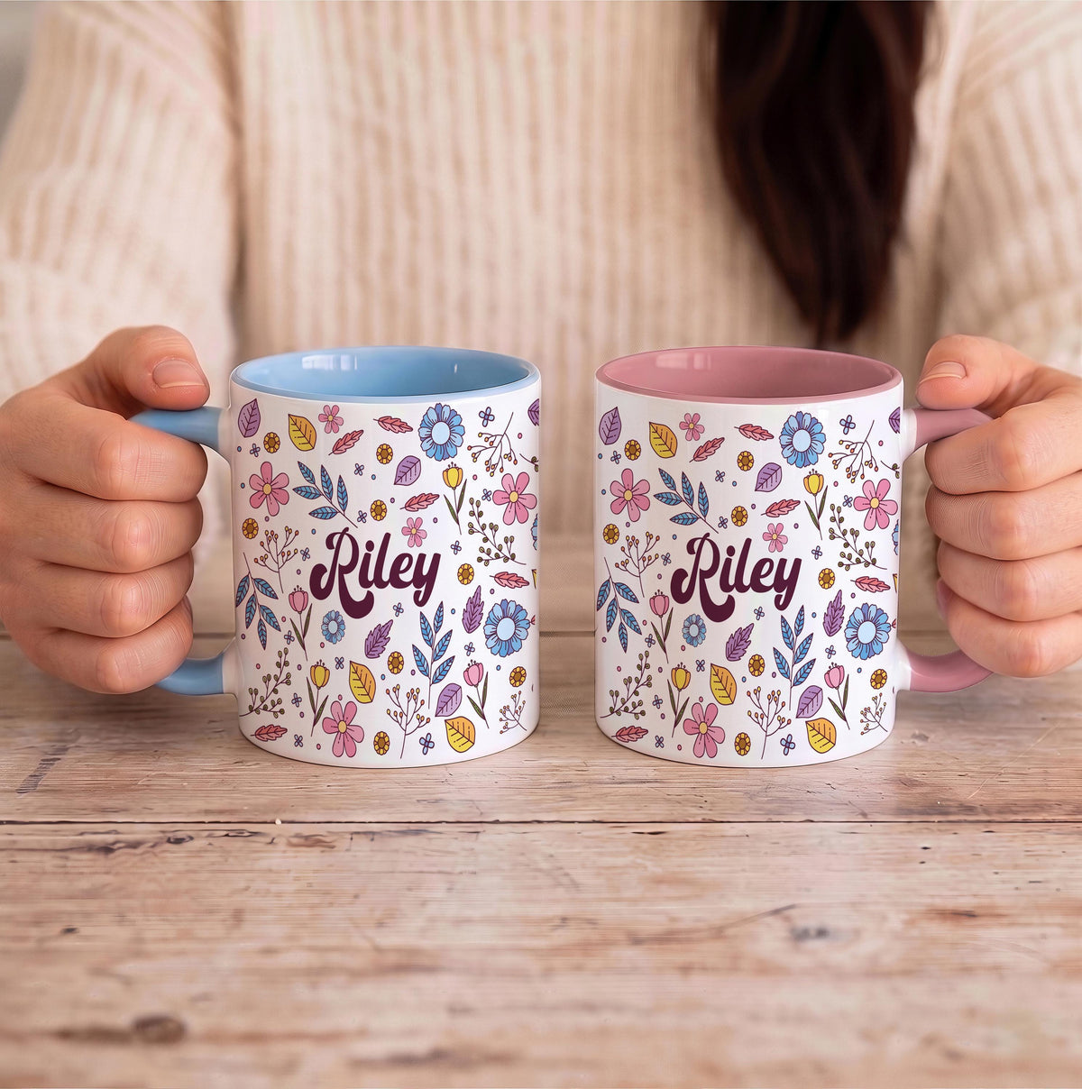 Custom Name Floral Coffee Mug, Groovy Font Botanical Ceramic Tea Cup, Boho Drinkware