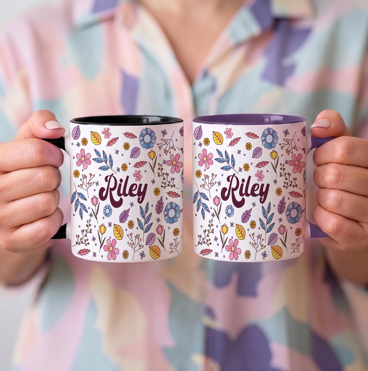 Custom Name Floral Coffee Mug, Groovy Font Botanical Ceramic Tea Cup, Boho Drinkware