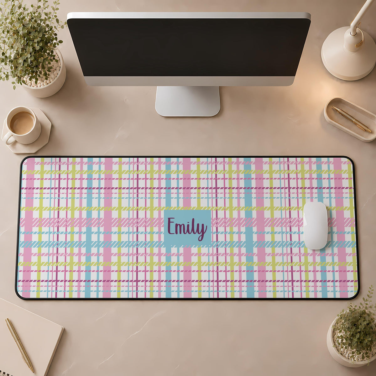 Personalized Name Pastel Plaid Desk Mat, Custom Name Preppy Mouse Pad