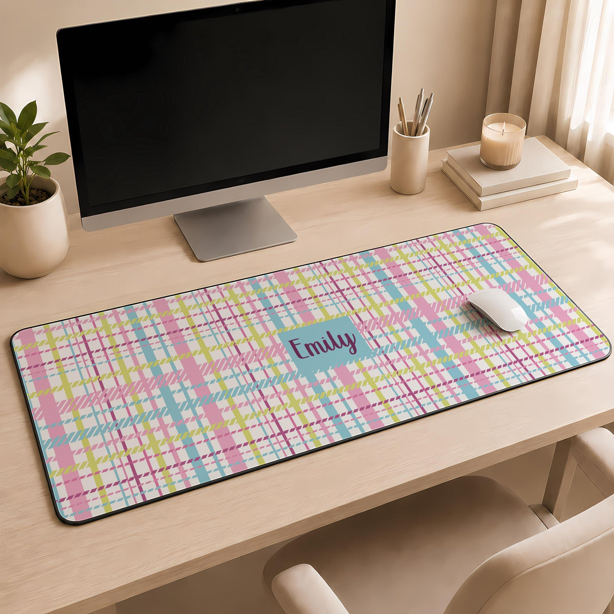 Personalized Name Pastel Plaid Desk Mat, Custom Name Preppy Mouse Pad