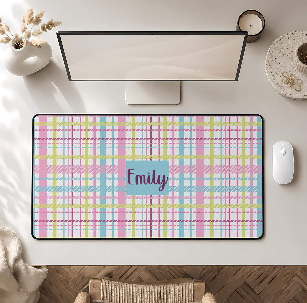 Personalized Name Pastel Plaid Desk Mat, Custom Name Preppy Mouse Pad