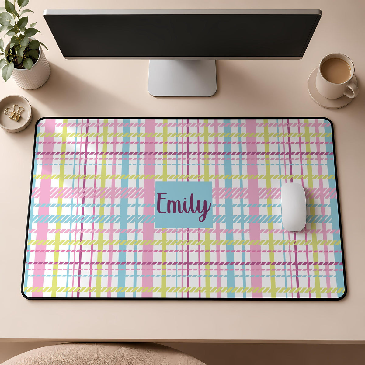 Personalized Name Pastel Plaid Desk Mat, Custom Name Preppy Mouse Pad