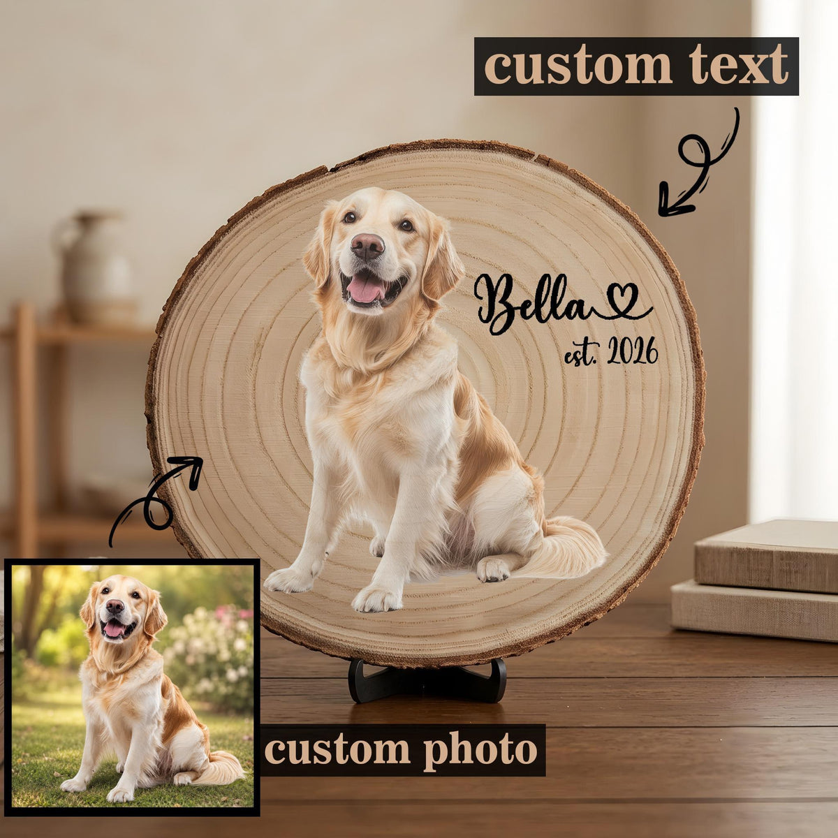 Custom Pet Photo Wood Sign, Color UV Print or Laser Engraved Pet Portrait Keepsake