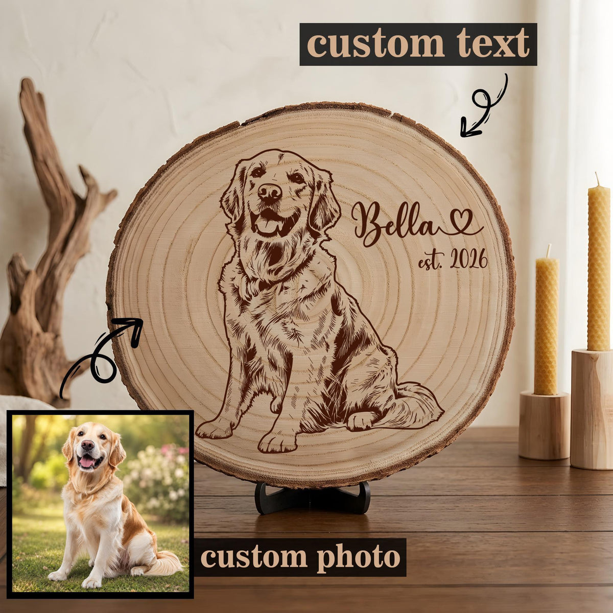 Custom Pet Photo Wood Sign, Color UV Print or Laser Engraved Pet Portrait Keepsake