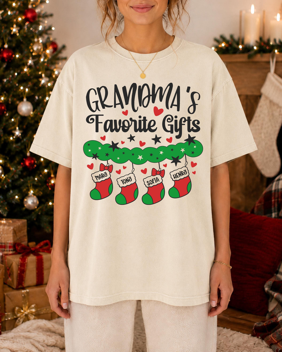 Personalized Grandma Christmas Comfort Colors® T-Shirt, Grandkids Names Xmas Tee, Holiday Grandmother Gift