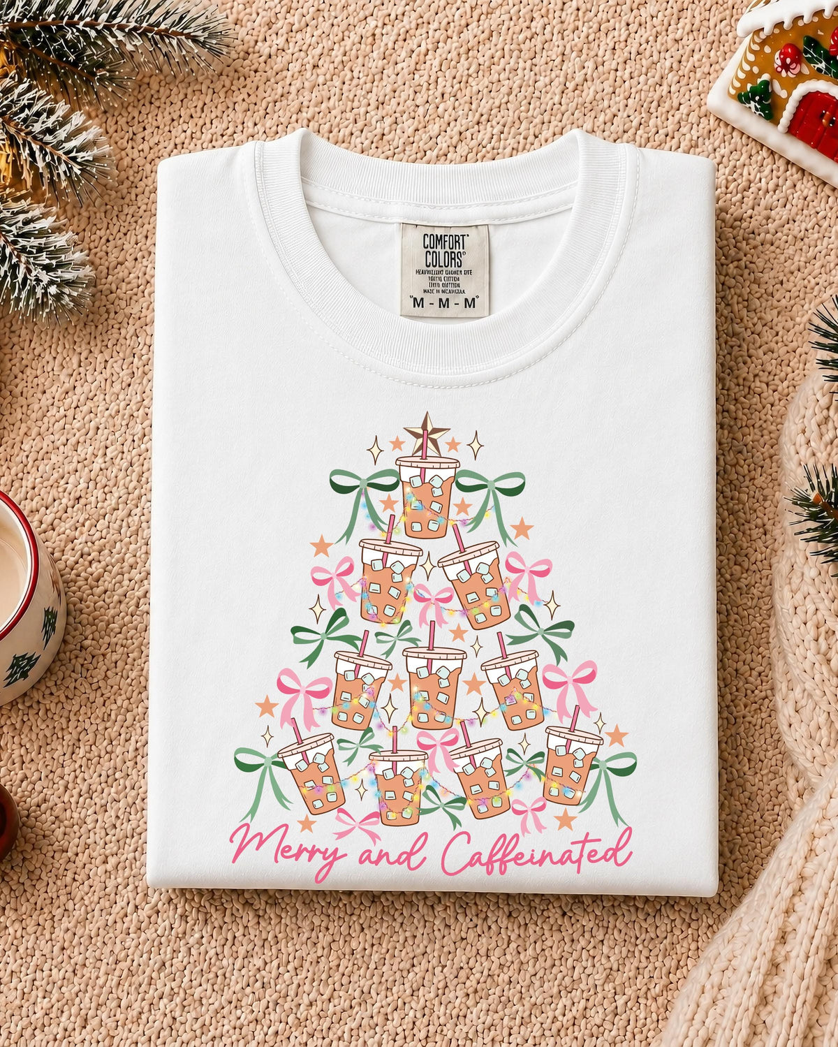 Merry Christmas Comfort Colors® Shirt, Merry and Caffeinated Tee, Coffee Lover Holiday Gift