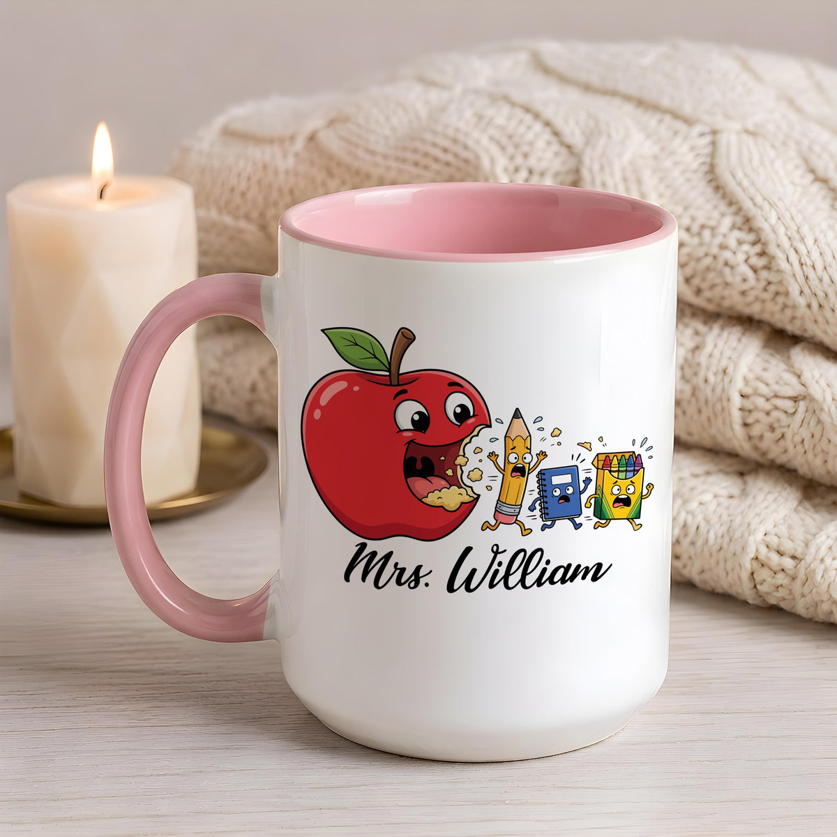 Personalized Funny Teacher Mug, Custom Name Back to School Teacher Gift, Cute Apple Teacher Cup