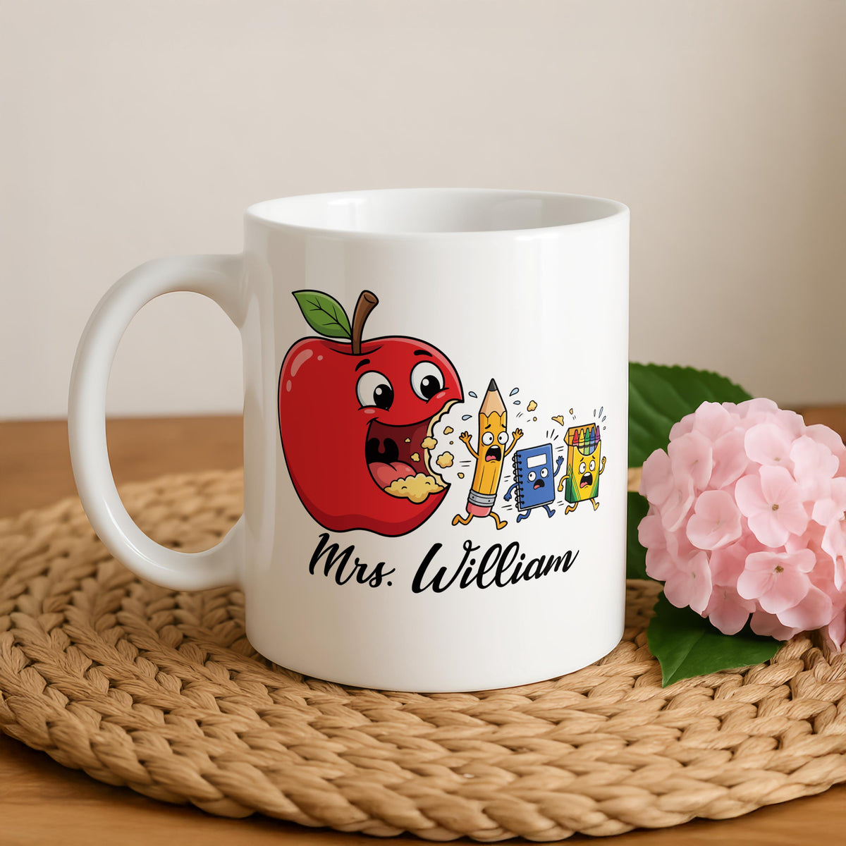 Personalized Funny Teacher Mug, Custom Name Back to School Teacher Gift, Cute Apple Teacher Cup