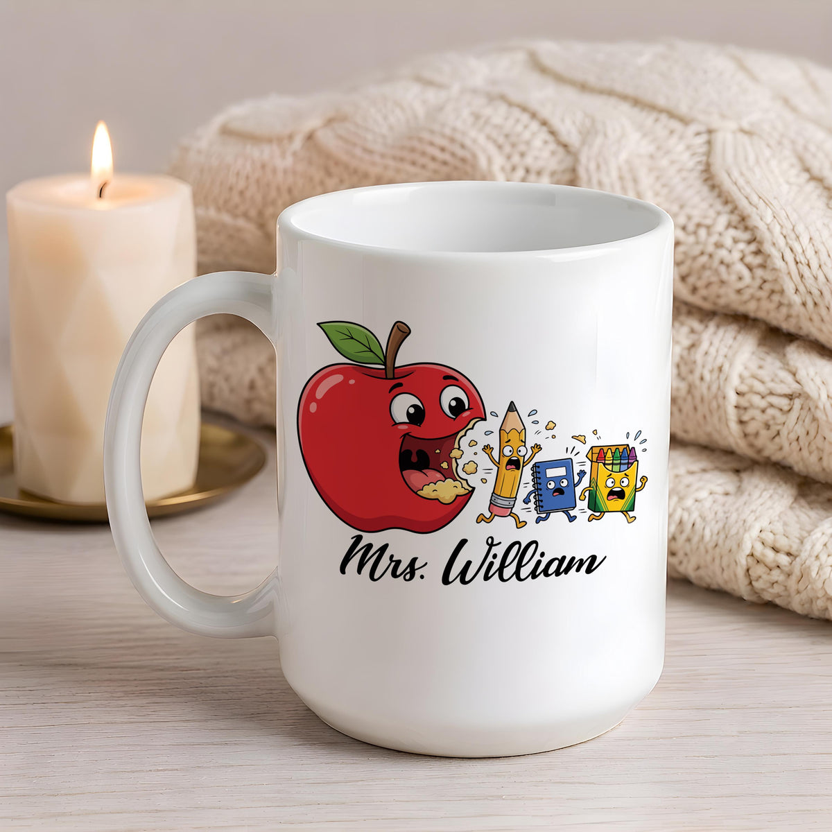 Personalized Funny Teacher Mug, Custom Name Back to School Teacher Gift, Cute Apple Teacher Cup