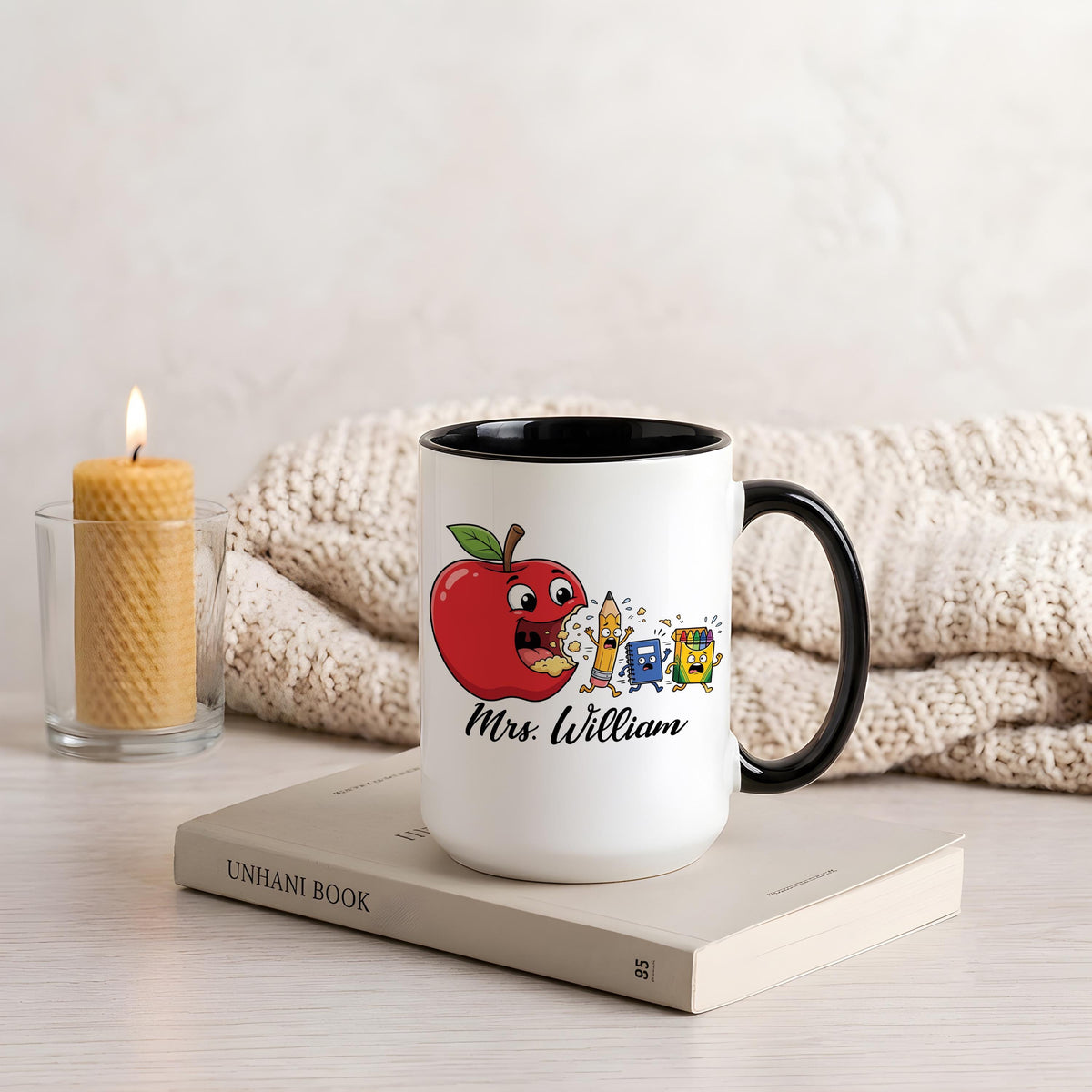 Personalized Funny Teacher Mug, Custom Name Back to School Teacher Gift, Cute Apple Teacher Cup