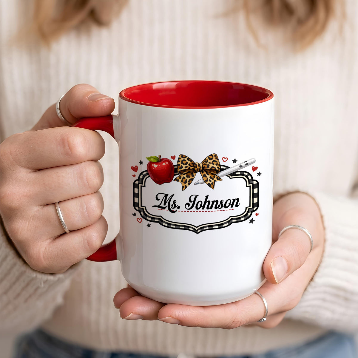 Personalized Teacher Name Leopard Bow Apple Mug, Cute Back to School Gift