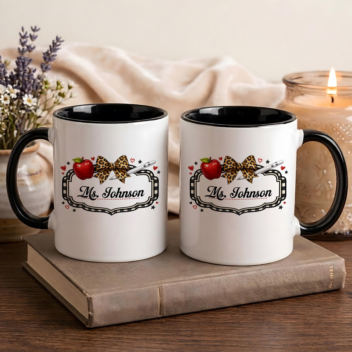 Personalized Teacher Name Leopard Bow Apple Mug, Cute Back to School Gift
