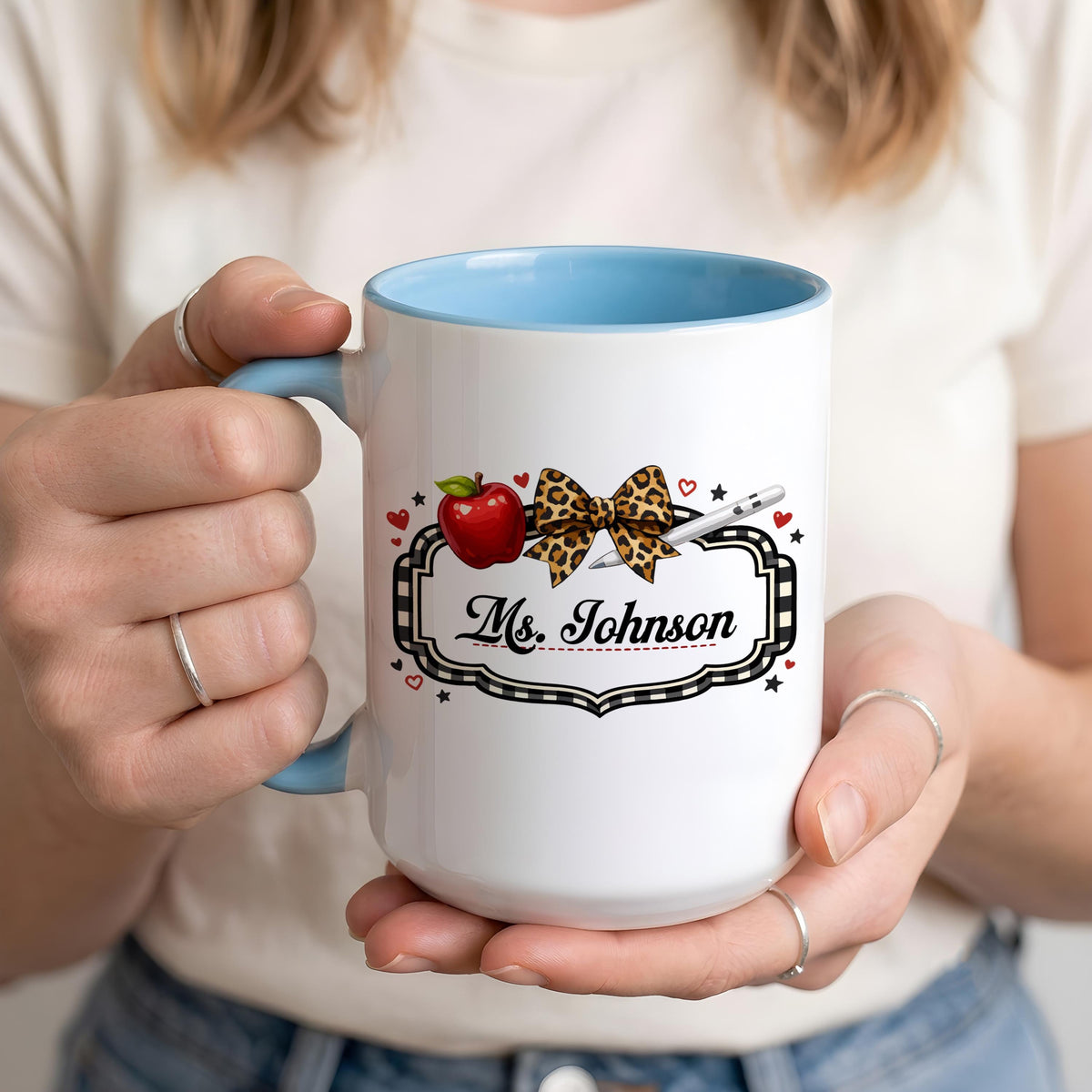 Personalized Teacher Name Leopard Bow Apple Mug, Cute Back to School Gift