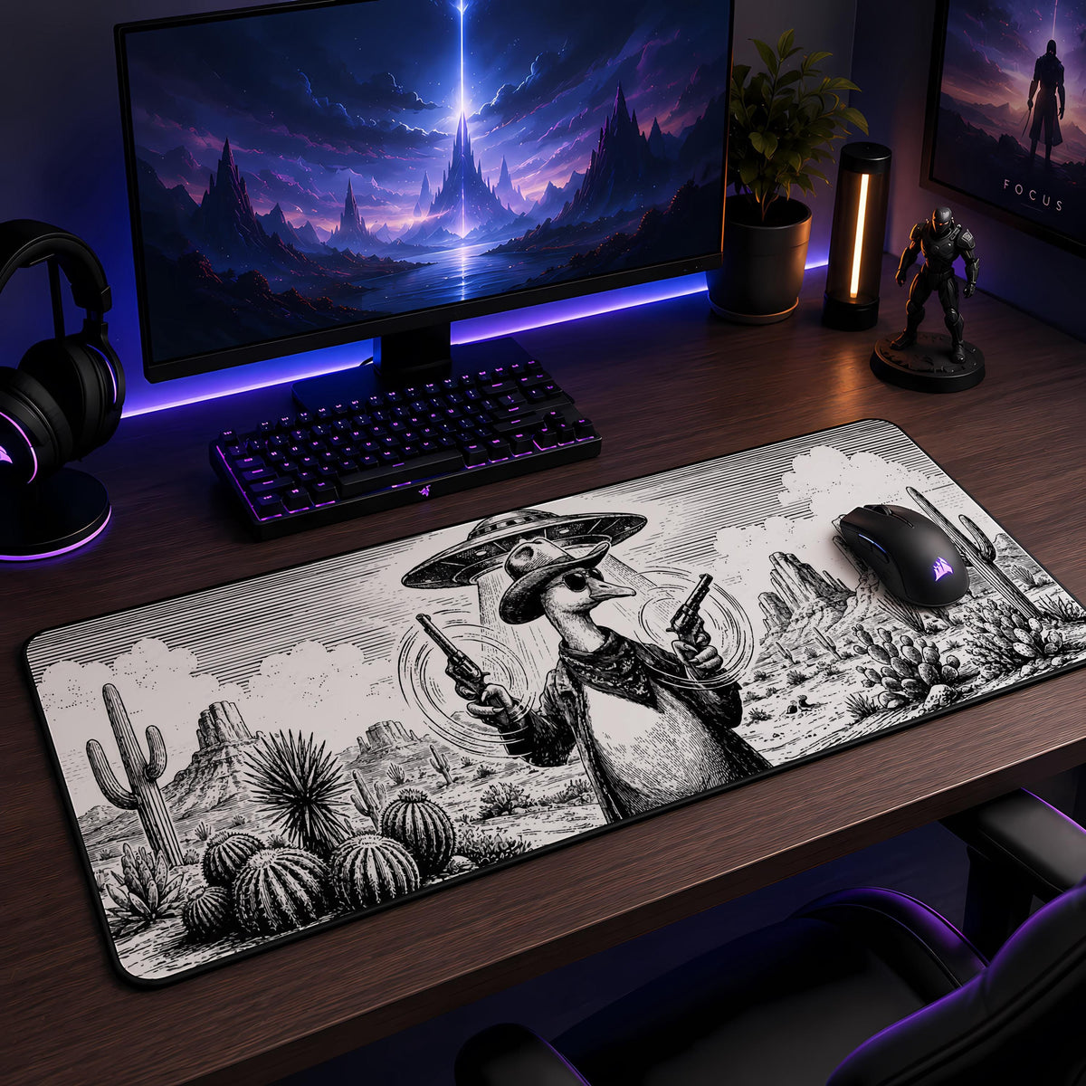Cowboy Goose UFO Abduction Desk Mat, Western Gaming Mouse Pad Accessory