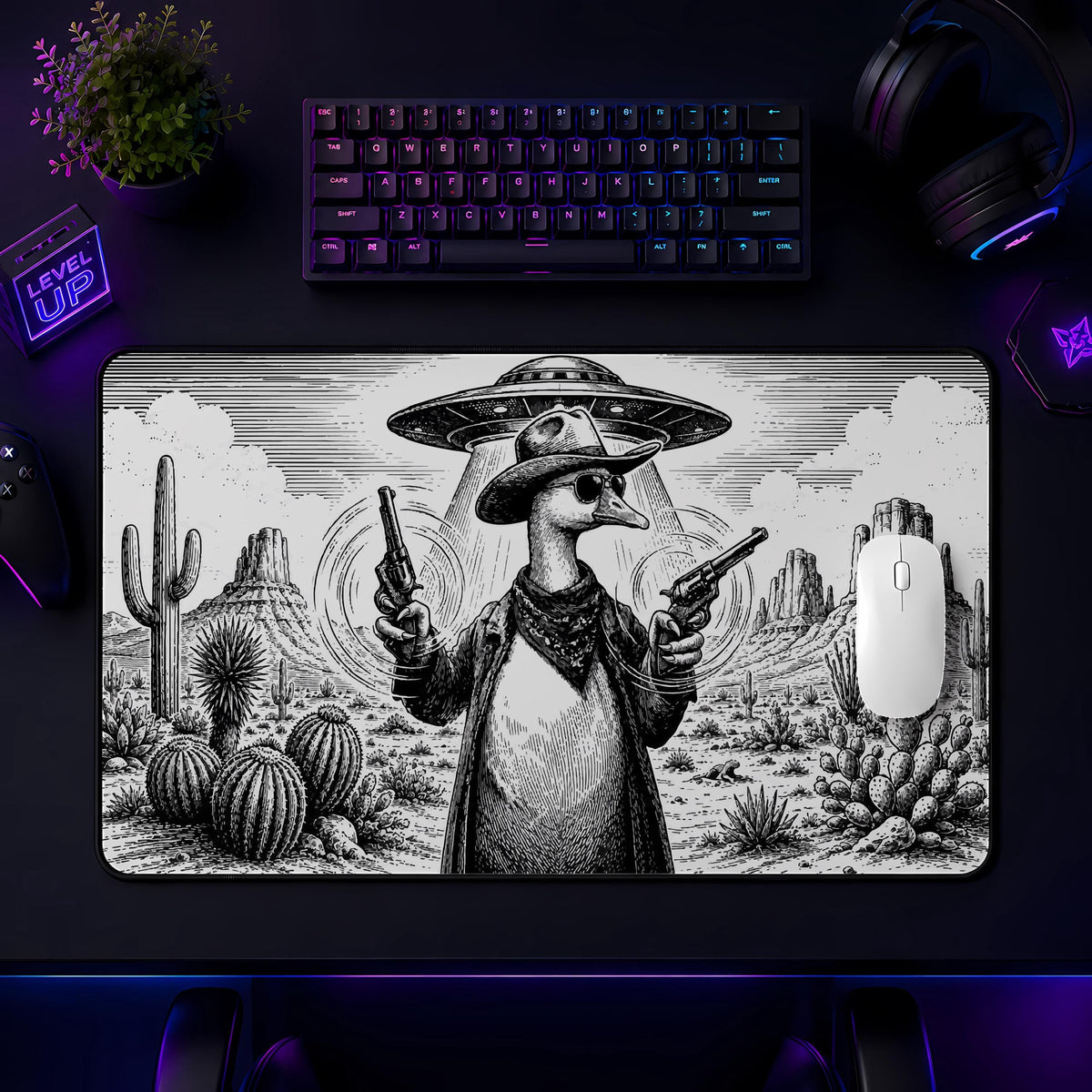 Cowboy Goose UFO Abduction Desk Mat, Western Gaming Mouse Pad Accessory