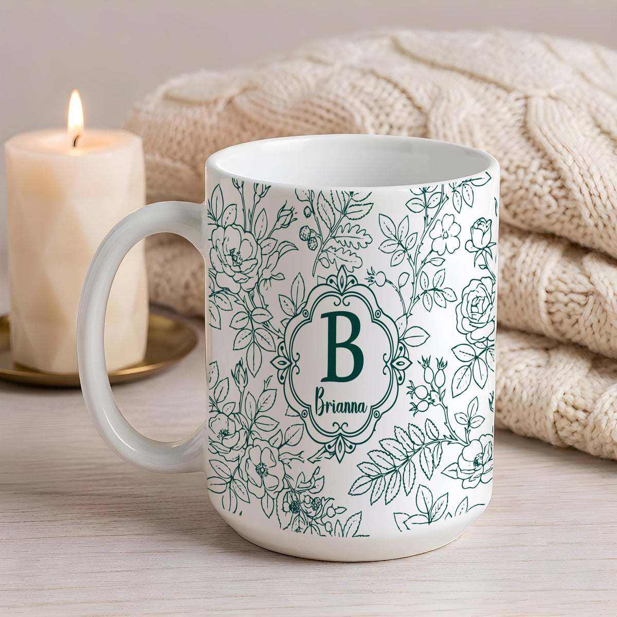 Personalized Floral Monogram Mug, Custom Name & Color Coffee Cup, Bridesmaid Proposal Cup