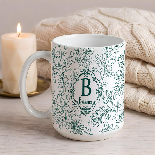 Personalized Floral Monogram Mug, Custom Name & Color Coffee Cup, Bridesmaid Proposal Cup