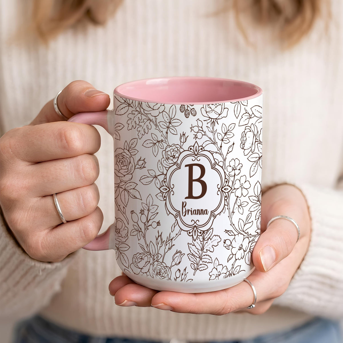 Personalized Floral Monogram Mug, Custom Name & Color Coffee Cup, Bridesmaid Proposal Cup