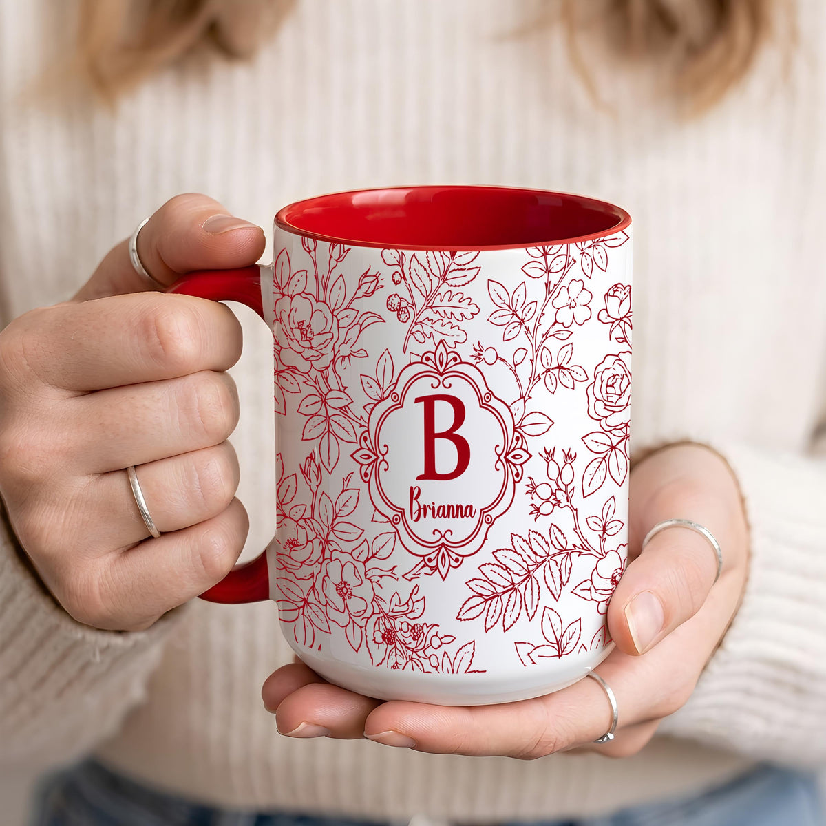 Personalized Floral Monogram Mug, Custom Name & Color Coffee Cup, Bridesmaid Proposal Cup
