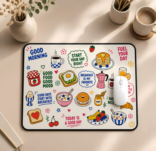 Cute Food Doodles Desk Mat, Aesthetic Breakfast Mouse Pad, Good Morning Gaming Setup Accessory