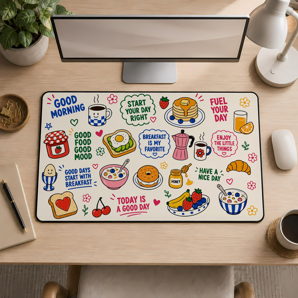 Cute Food Doodles Desk Mat, Aesthetic Breakfast Mouse Pad, Good Morning Gaming Setup Accessory