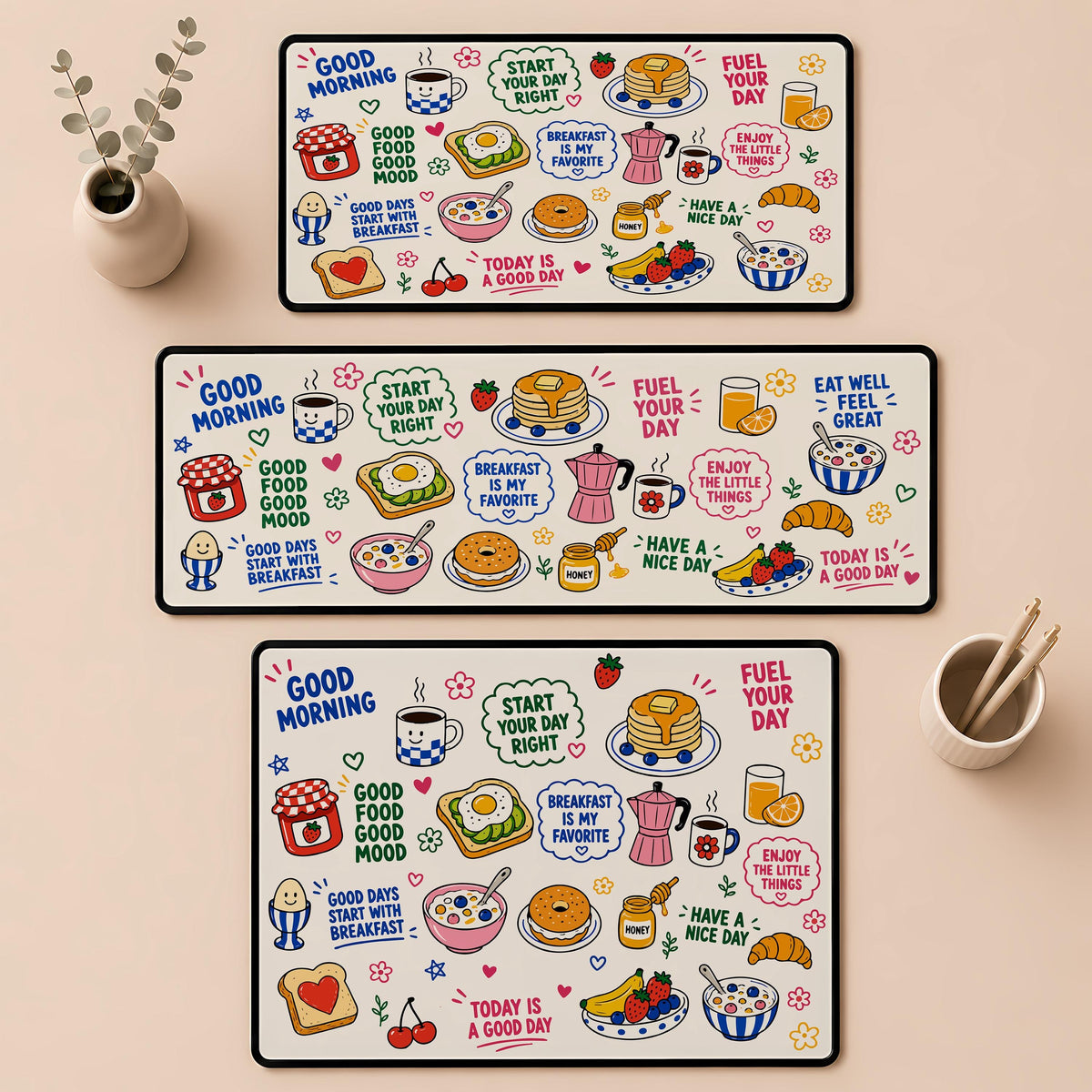 Cute Food Doodles Desk Mat, Aesthetic Breakfast Mouse Pad, Good Morning Gaming Setup Accessory