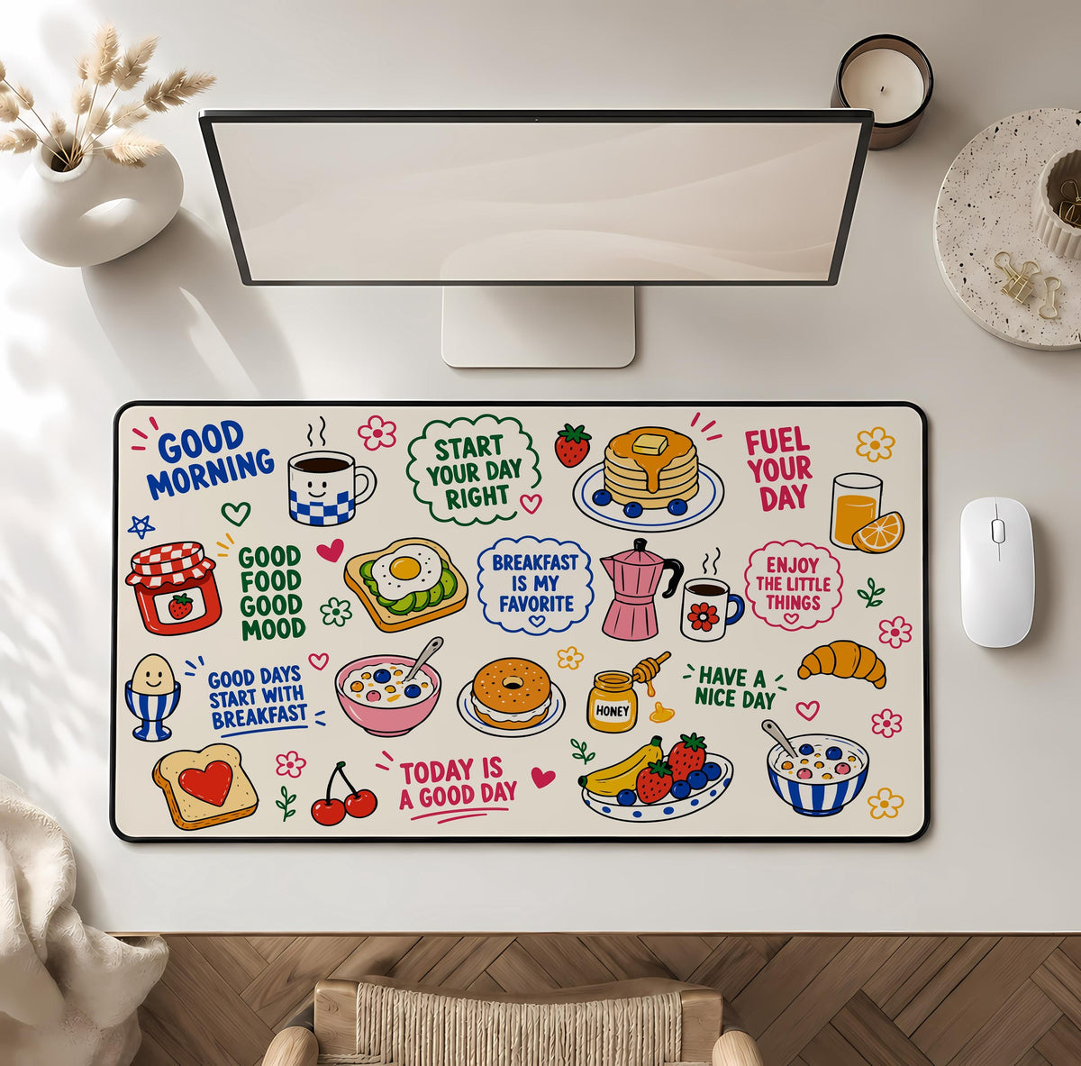 Cute Food Doodles Desk Mat, Aesthetic Breakfast Mouse Pad, Good Morning Gaming Setup Accessory