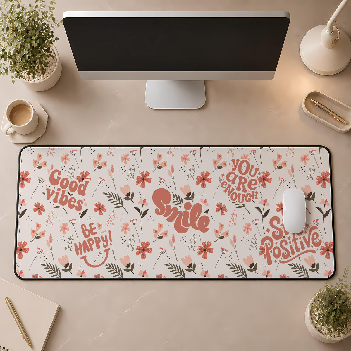 Positive Affirmation Floral Desk Mat, Be Happy Smile Office Decor