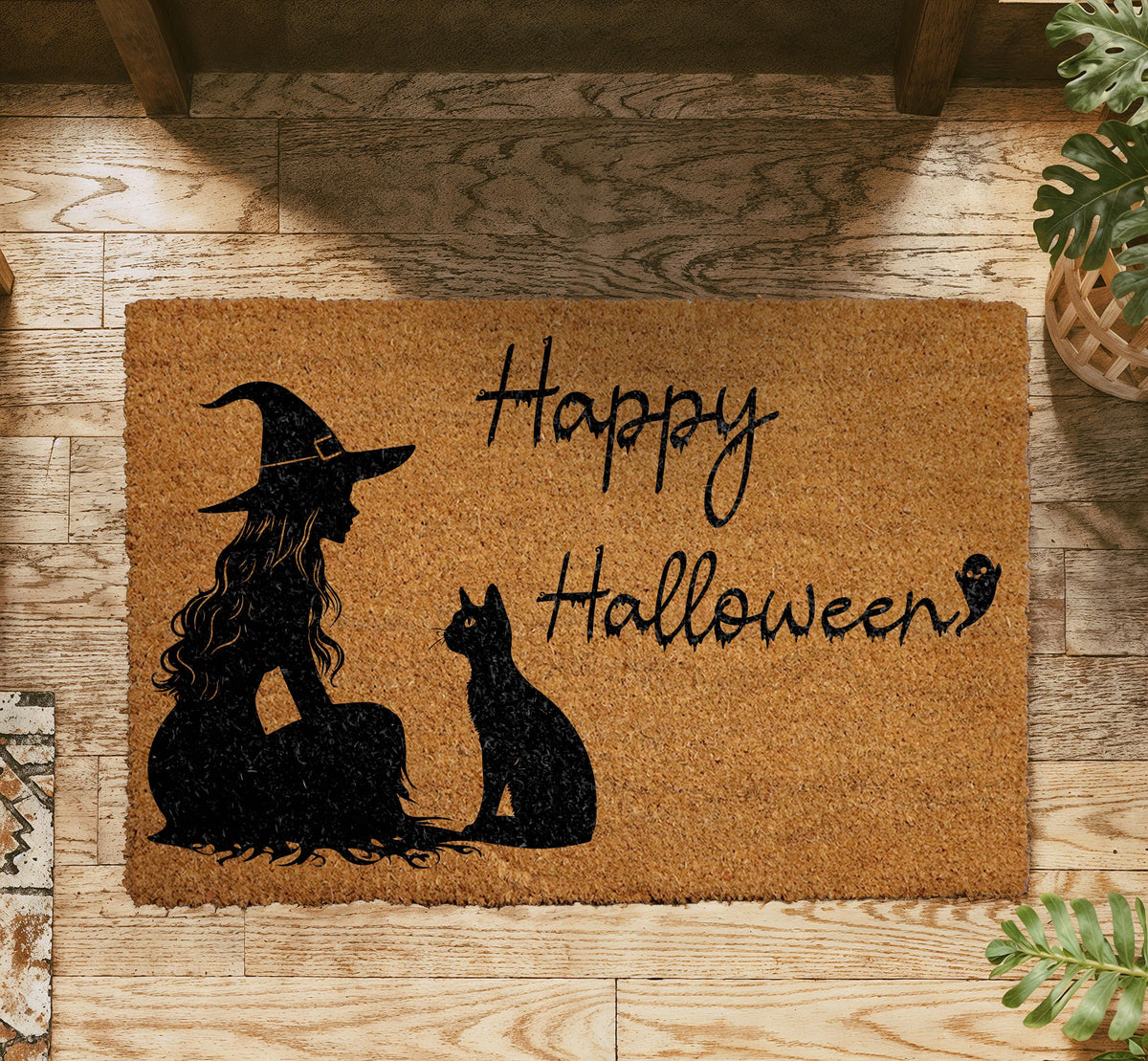 Happy Halloween Witch and Black Cat Doormat, Witchy Welcome Mat, Cat Lover Spooky Season Gift