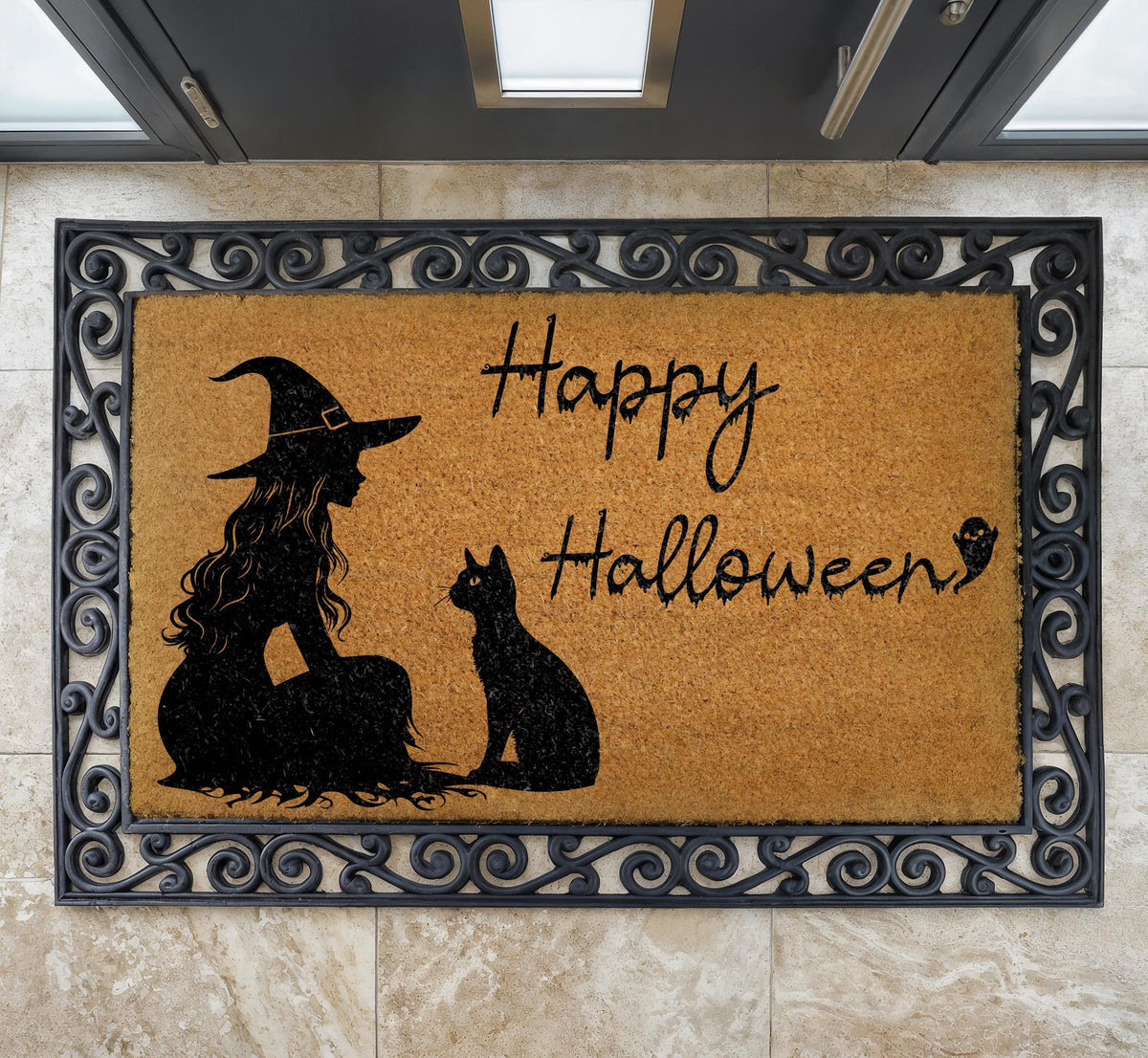 Happy Halloween Witch and Black Cat Doormat, Witchy Welcome Mat, Cat Lover Spooky Season Gift