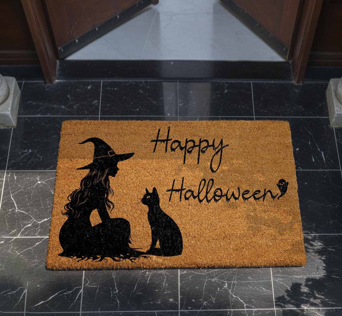 Happy Halloween Witch and Black Cat Doormat, Witchy Welcome Mat, Cat Lover Spooky Season Gift