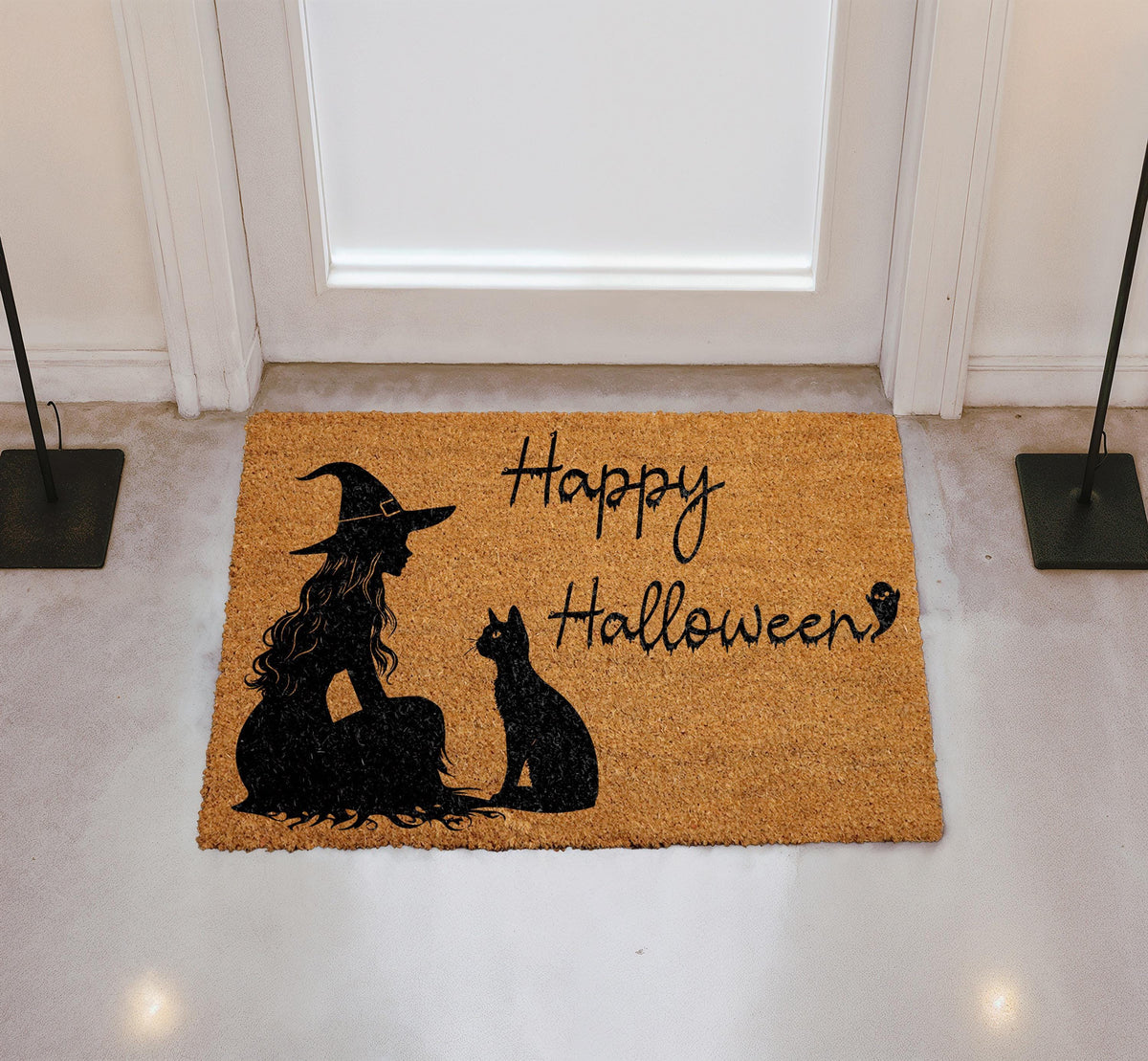 Happy Halloween Witch and Black Cat Doormat, Witchy Welcome Mat, Cat Lover Spooky Season Gift